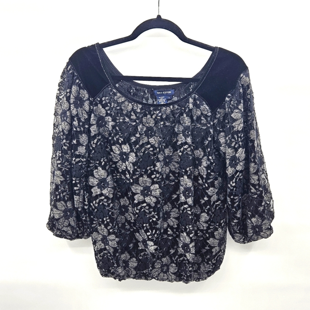 MAX EDITION Black‎ Floral Lace & Mesh Top With Velvet Trim Size Large